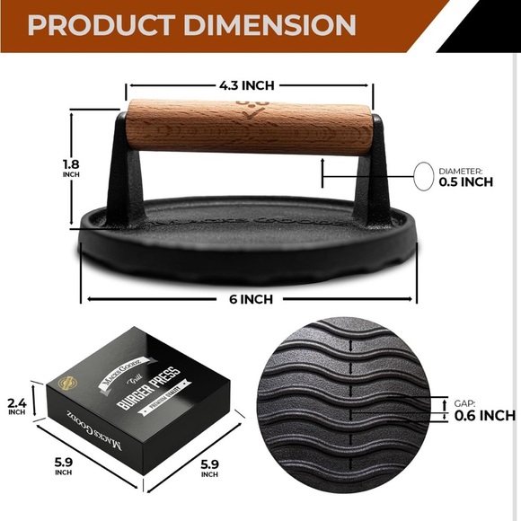 Macks Goods Cast Iron Burger Press with Wooden Handle (063) - Picture 2 of 5